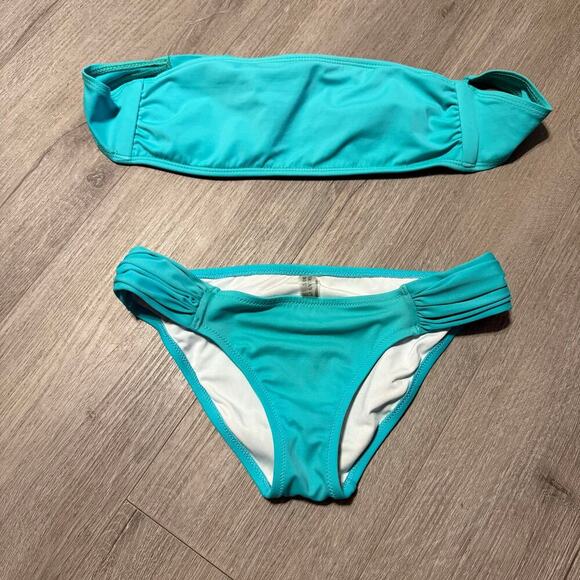 Victoria’s Secret Bikini Set Sz Sm Bandeau Top, Ruched Hipster Bottoms Teal Blue - Picture 6 of 12